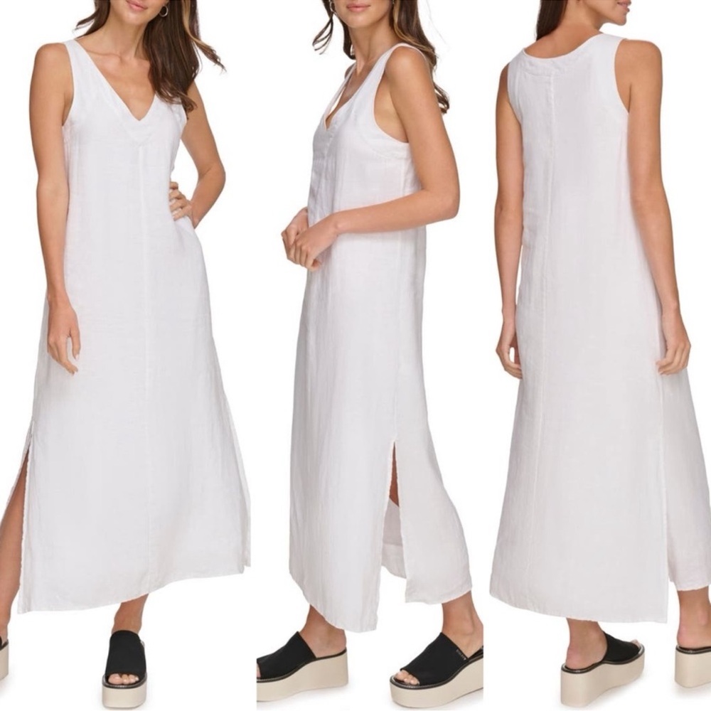 DKNY Womens Large Sleeveless Maxi Dress WHITE Linen Viscose V-Neck L
